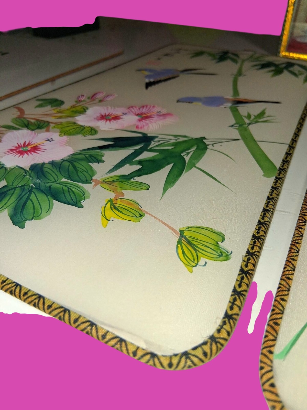 Lot of 3•Vintage Hand-Painted Chinese Silk Wall Art With Birds Flowers PLUS Guan