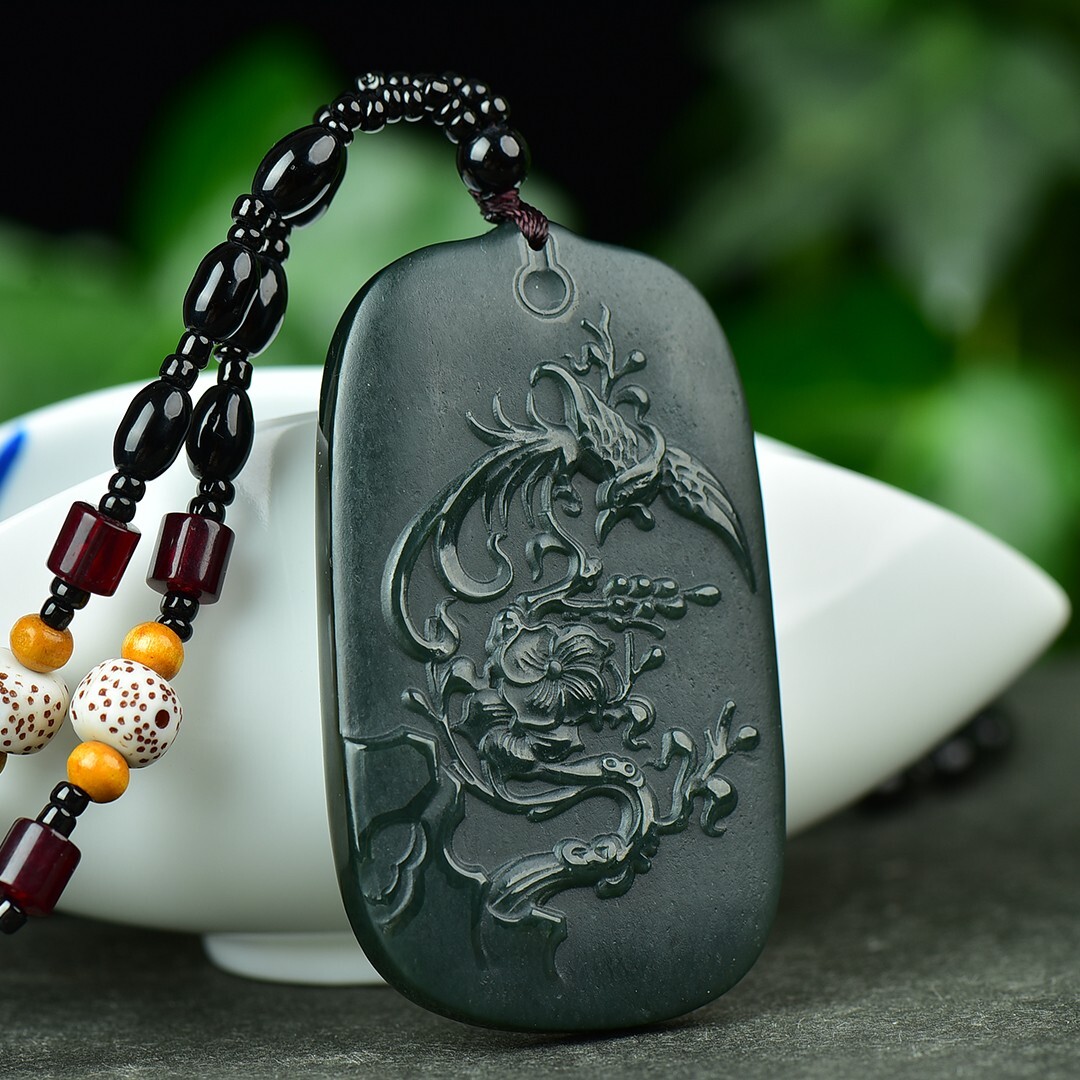 Chinese Hetian Gray Jade Hand Carving Buddhism Lotus Flower Kwan-yin Pendant