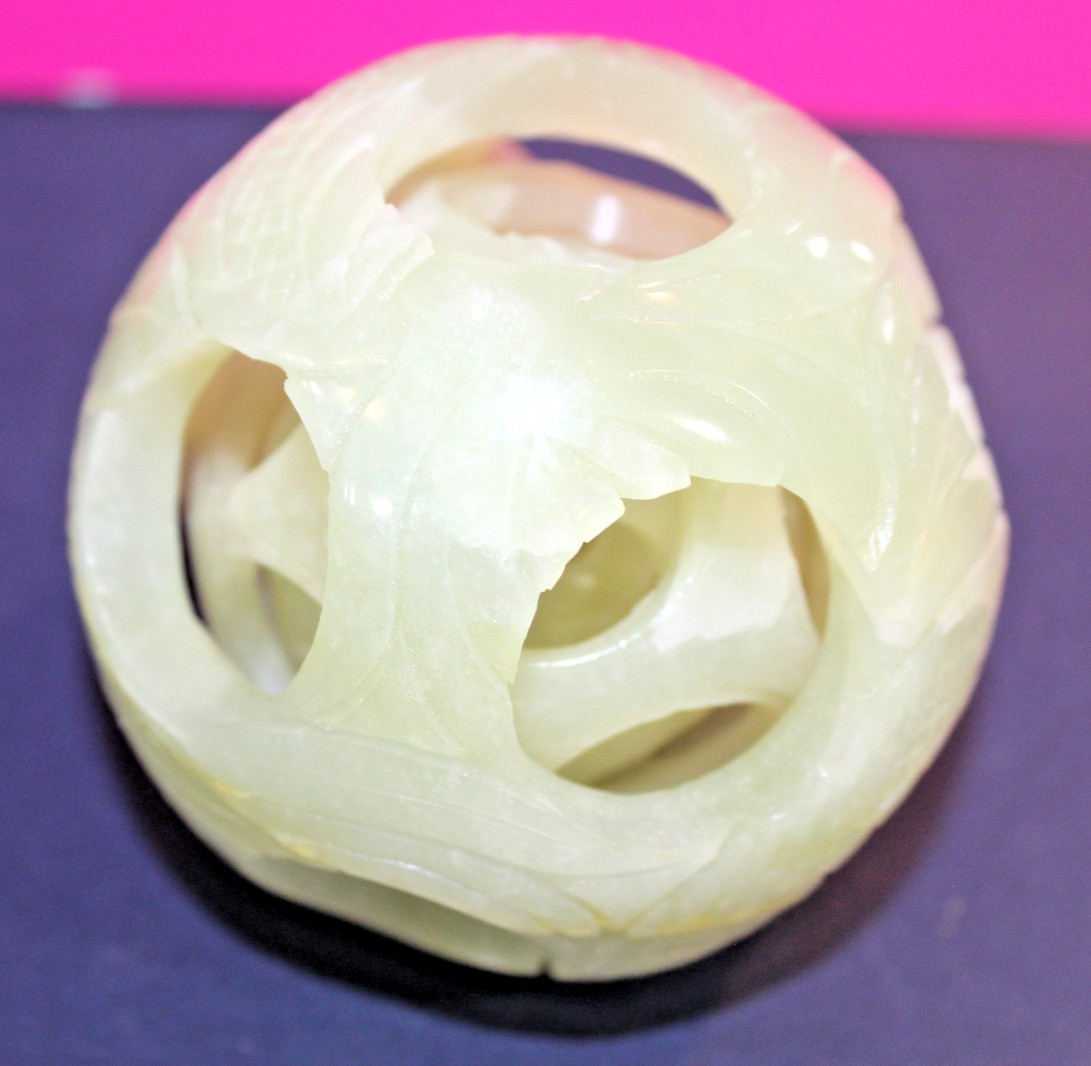 Vintage Chinese Hand Carved Jade Stone Puzzle Ball Sphere 3-Layer Sculpture 3″
