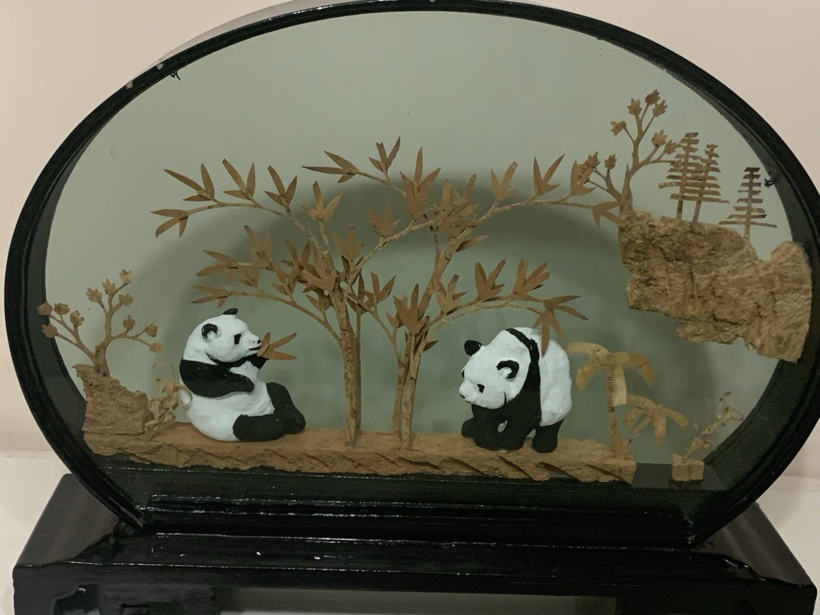 Panda Bear Vintage Collectible San You cork carve Art 3D Diorama in glass frame