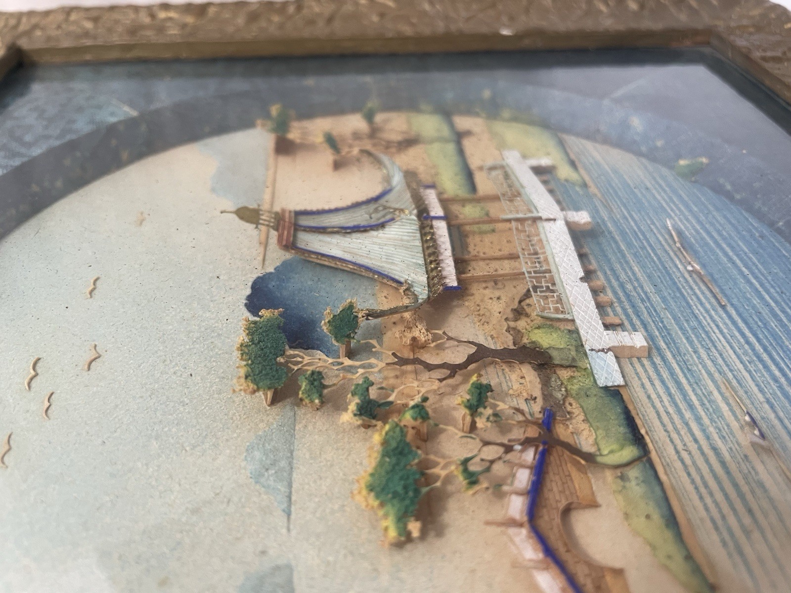 Vintage Chinese Cork Diorama Shadowbox Landscape Gold Frame 10×10” AS IS