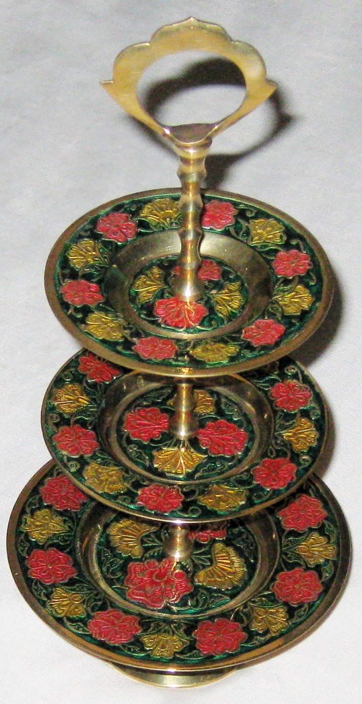 Dainty Multicolor Goldtone Metal 5X11″ Asian CLOISONNE 3 Tier Dessert Tray