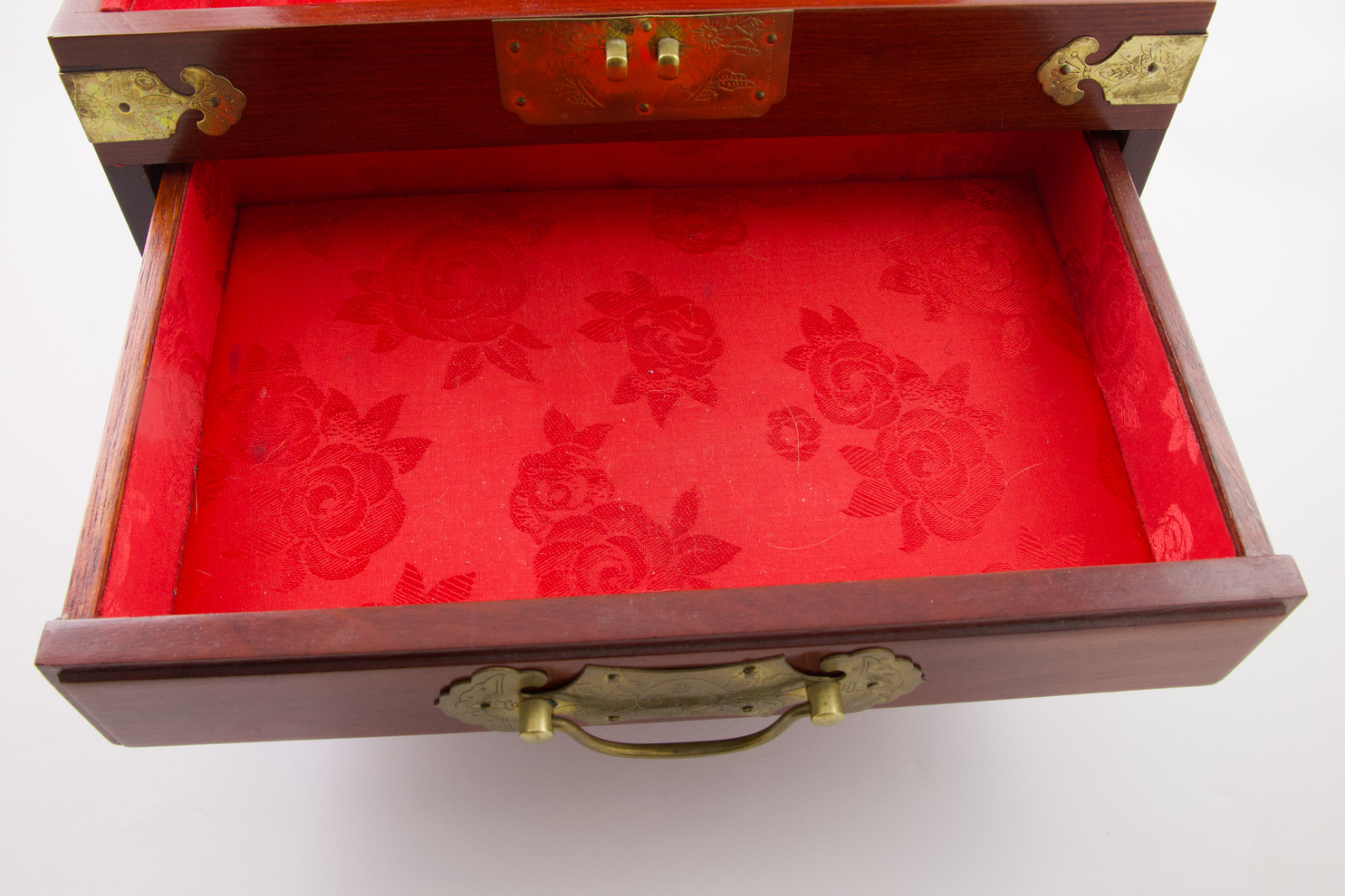 Large Chinese Rosewood & Brass 2 Drawer Flip Top Jewelry Box Longevity Symbol