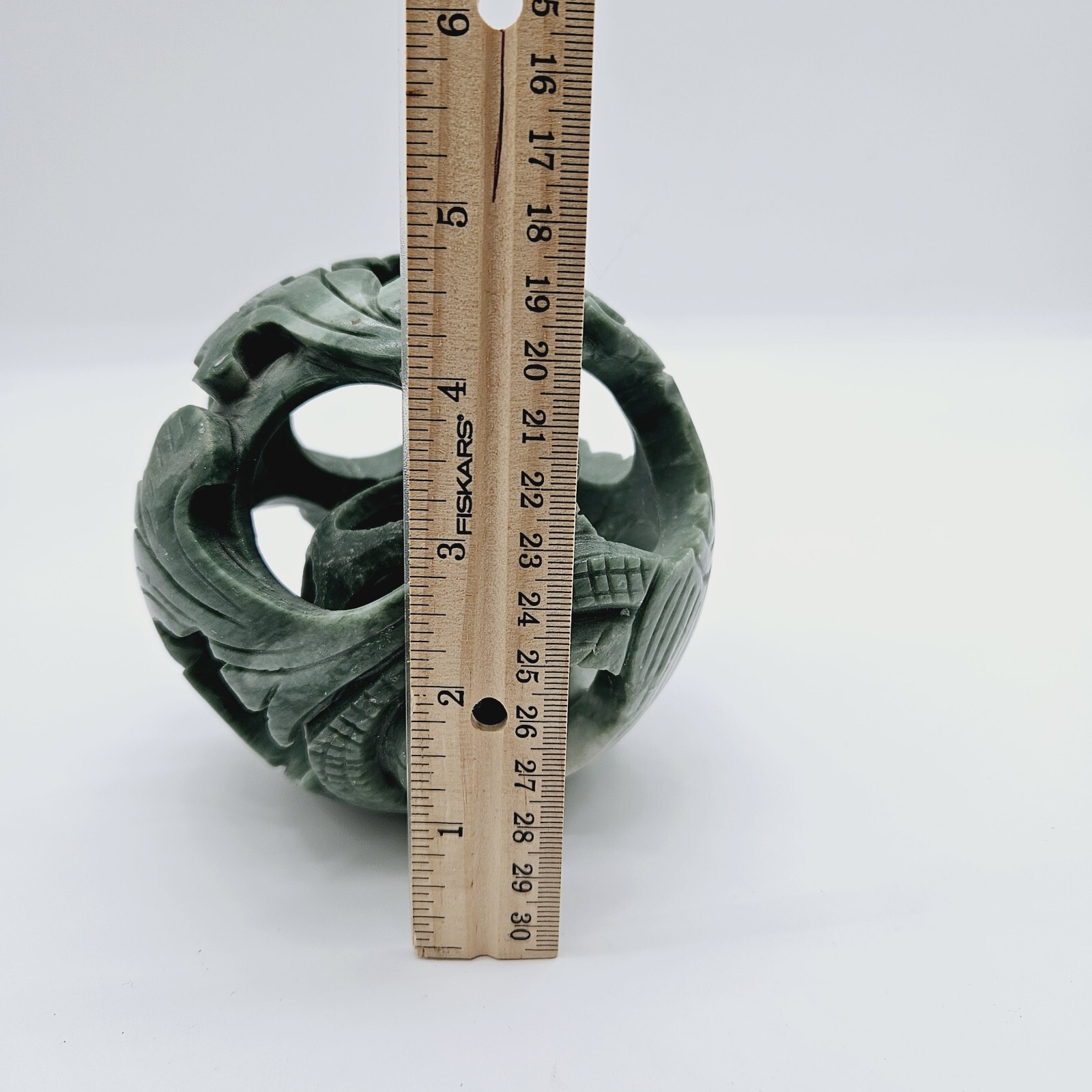 Vtg Chinese 3-Layer Hand Carved Green Stone Serpentine? Ball Sphere 4.5″ Floral