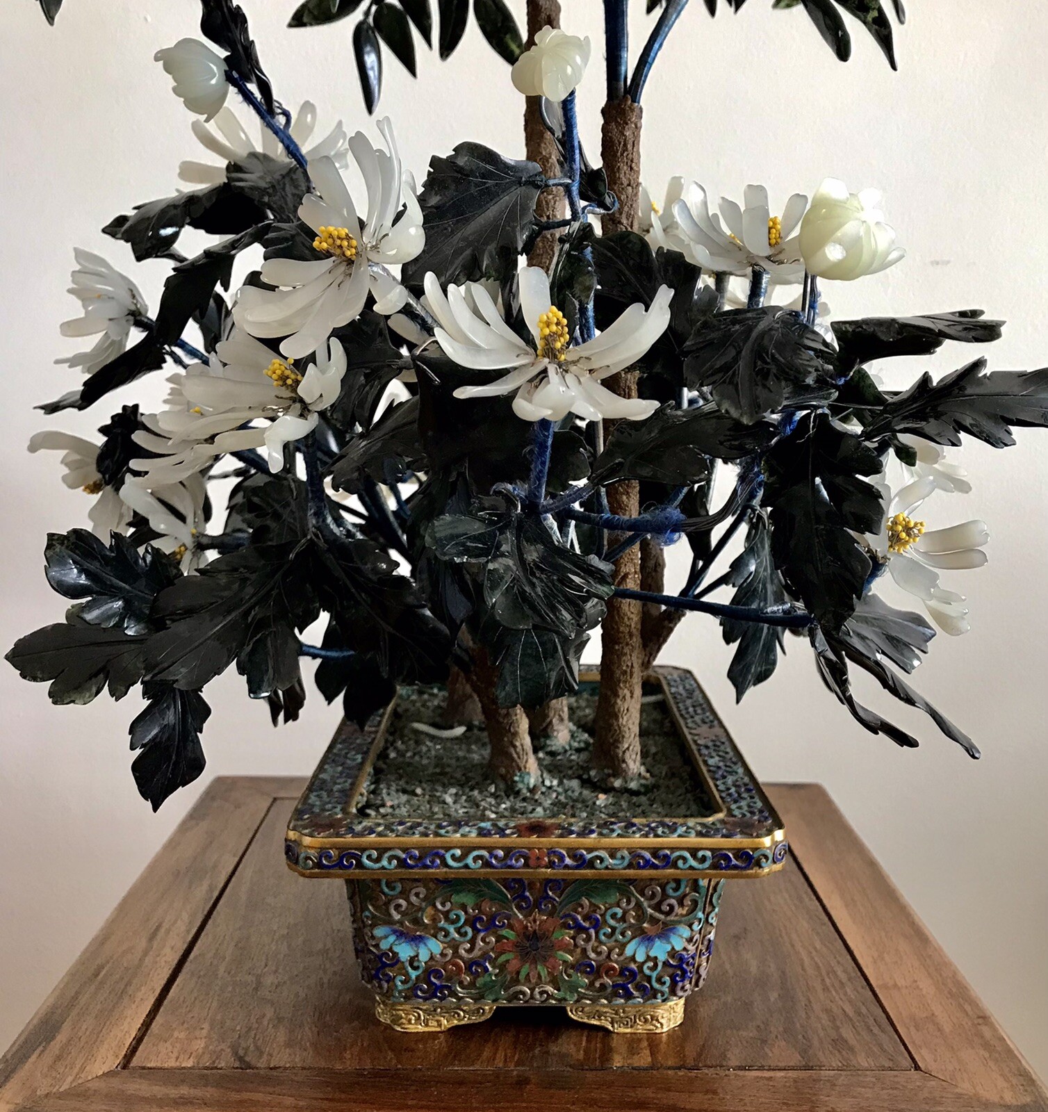 27” Tall Large Chinese Jade and Agate Bonsai Tree in Cloisonne Pot