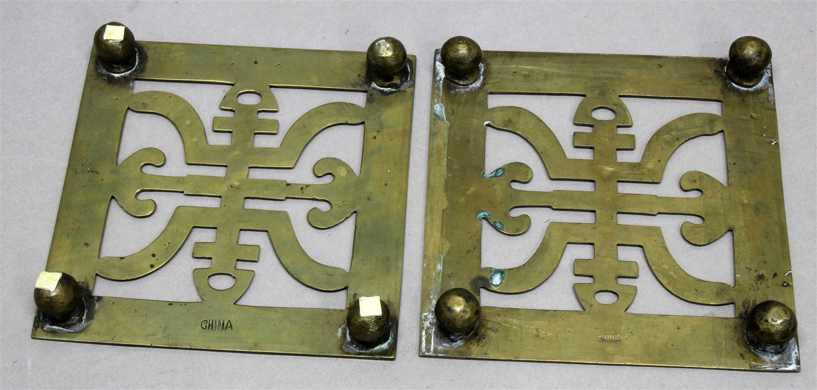 Lot of 2 Vintage Chinese SOLID BRASS TRIVETS “Shou” Happiness 5″ Square