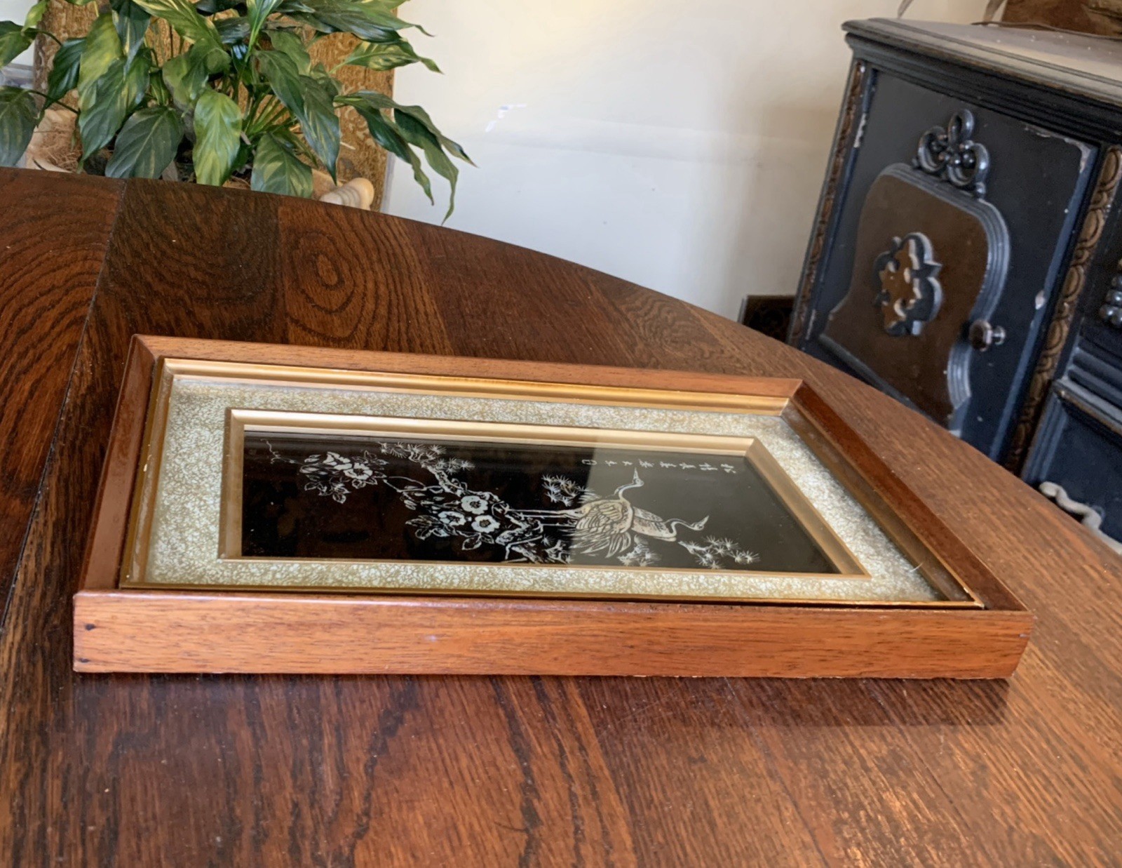 Vtg Asian Crane Birds Mother of Pearl & Abalone Shell Art Wood Framed 14.5”x8.75