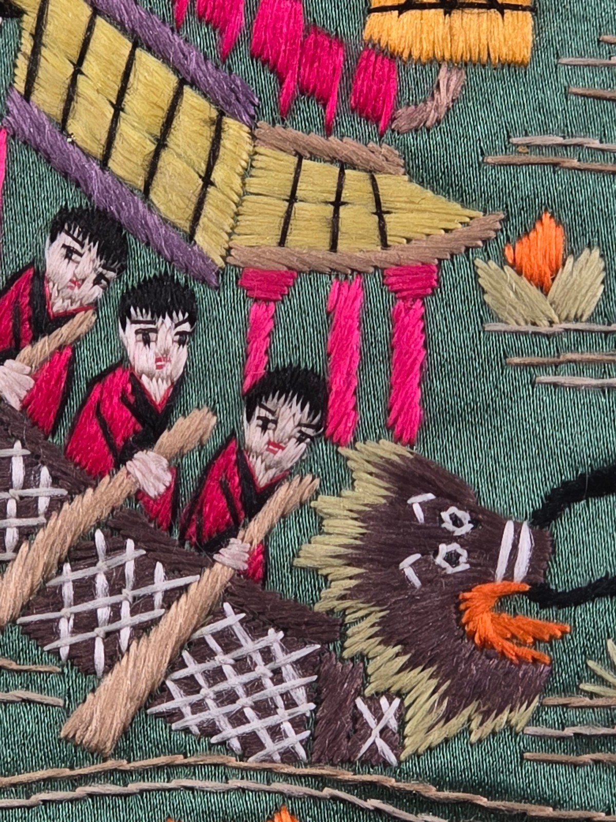 VTG Chinese Embroidered Silk Panel Dragon Boats Green 12.5 x 25.5 inch