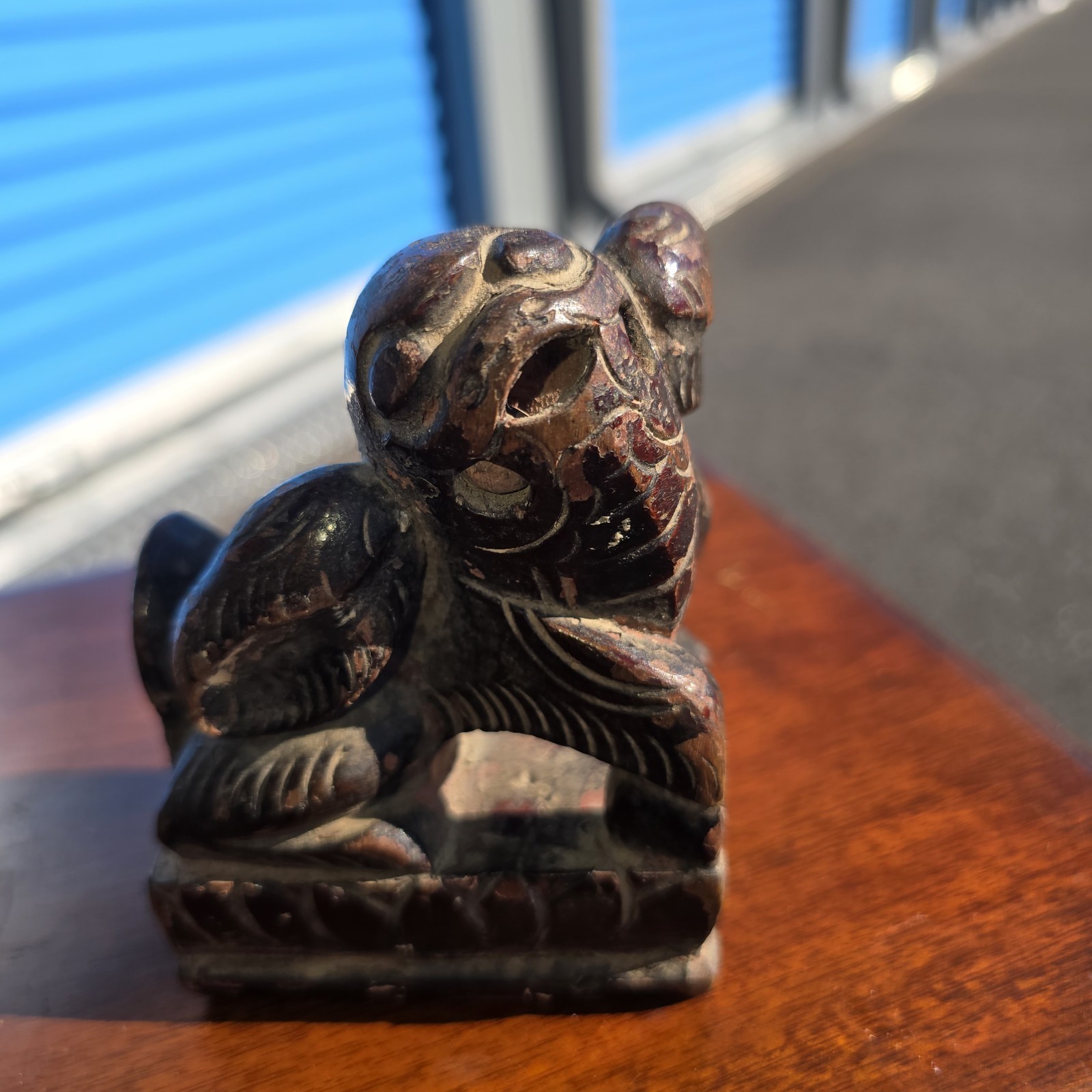 Pair of Vintage Chinese Carved Wood Foo Dogs Guardian Lions Statues Bookends 7″