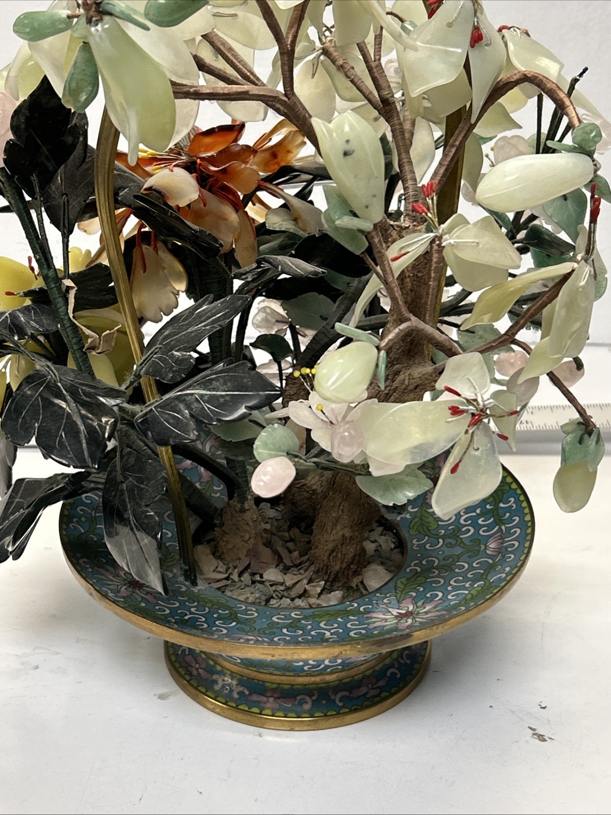 MID CENTURY CARVED JADE AGATE BONSAI FLOWER TREE Very Beautiful