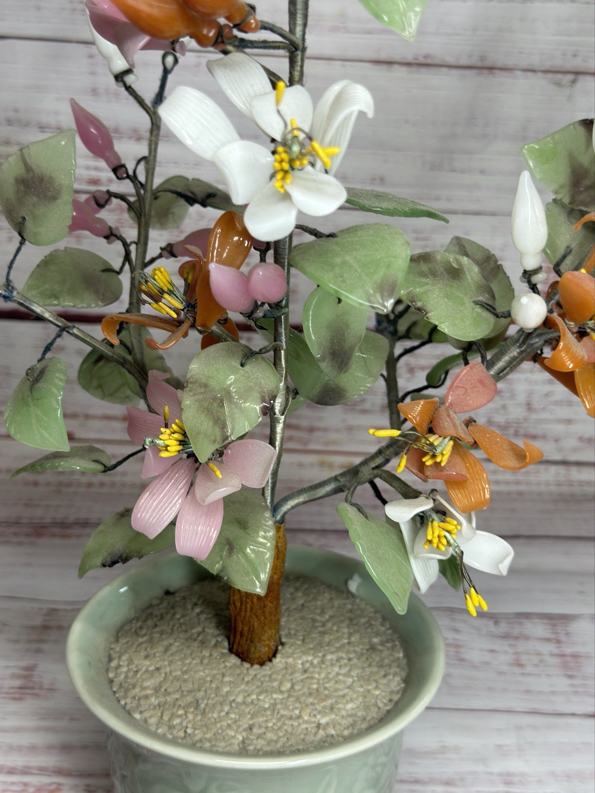 Vintage Japanese Chinese Asian Jade Glass Flowering Bonsai Tree 16”x12” Wide