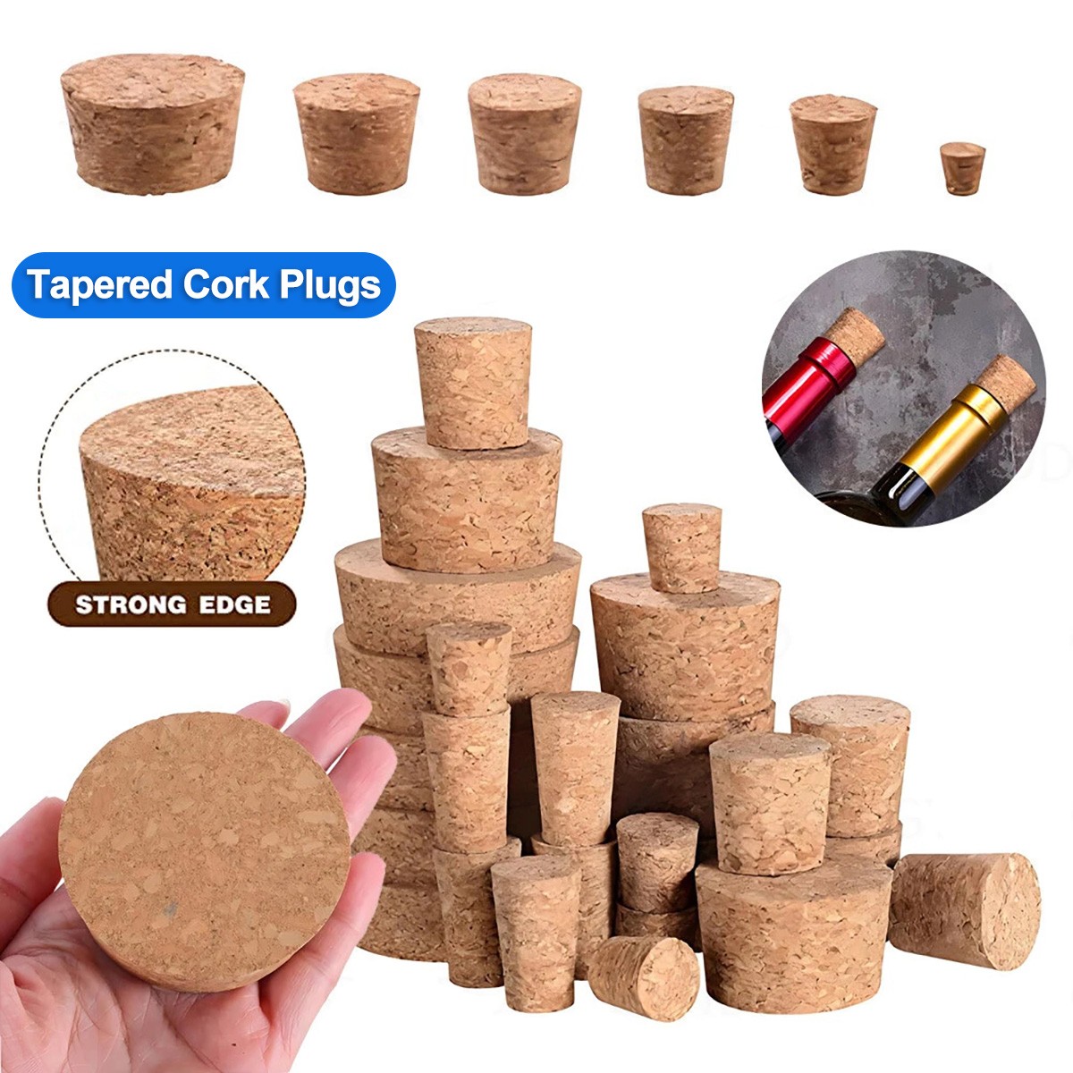 Wooden Wine Corks Stoppers Tapered Cork Plugs Reusable Sealing Stopper All Sizes