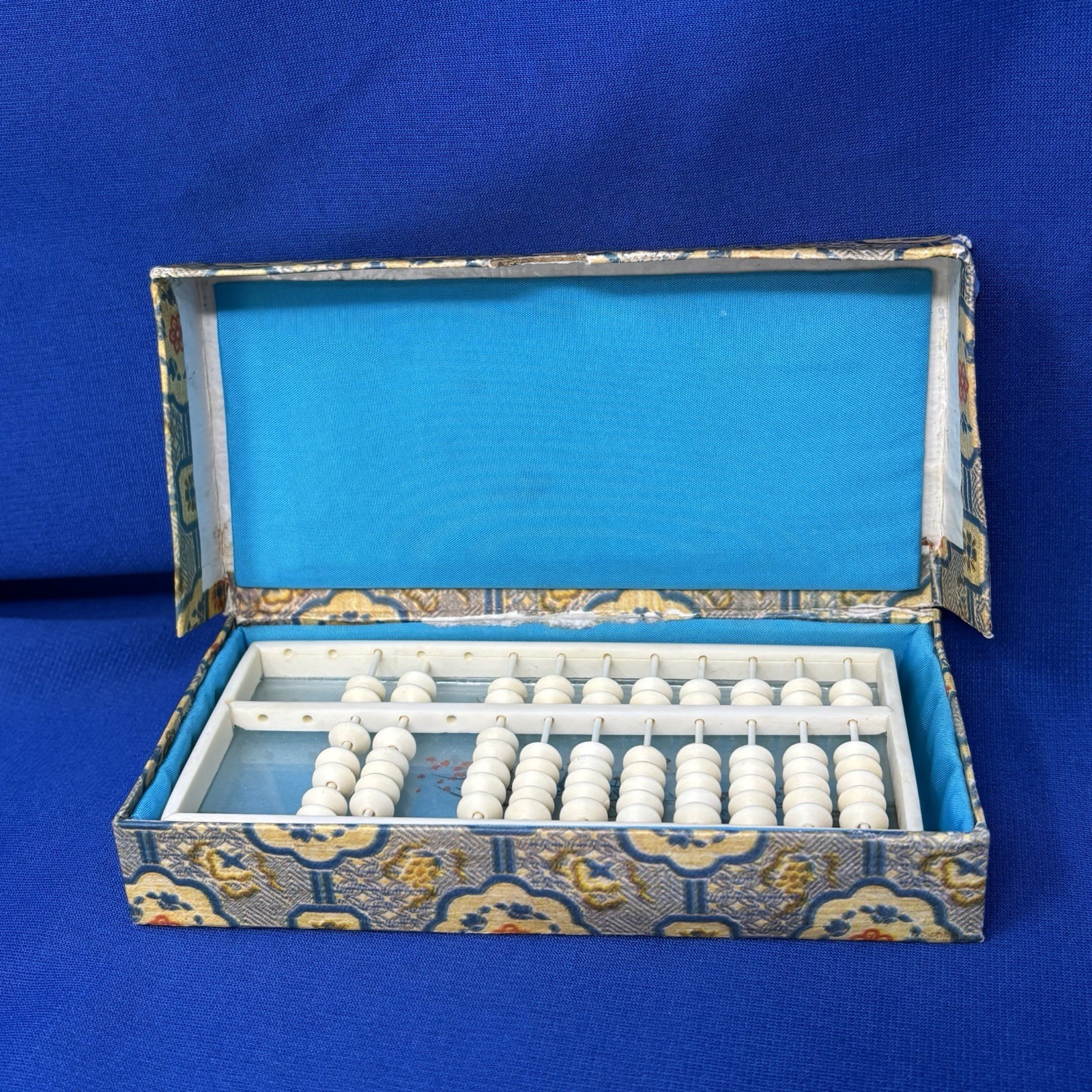 Small Vintage Chinese Suanpan Abacus Painted Glass Fabric Box PRC