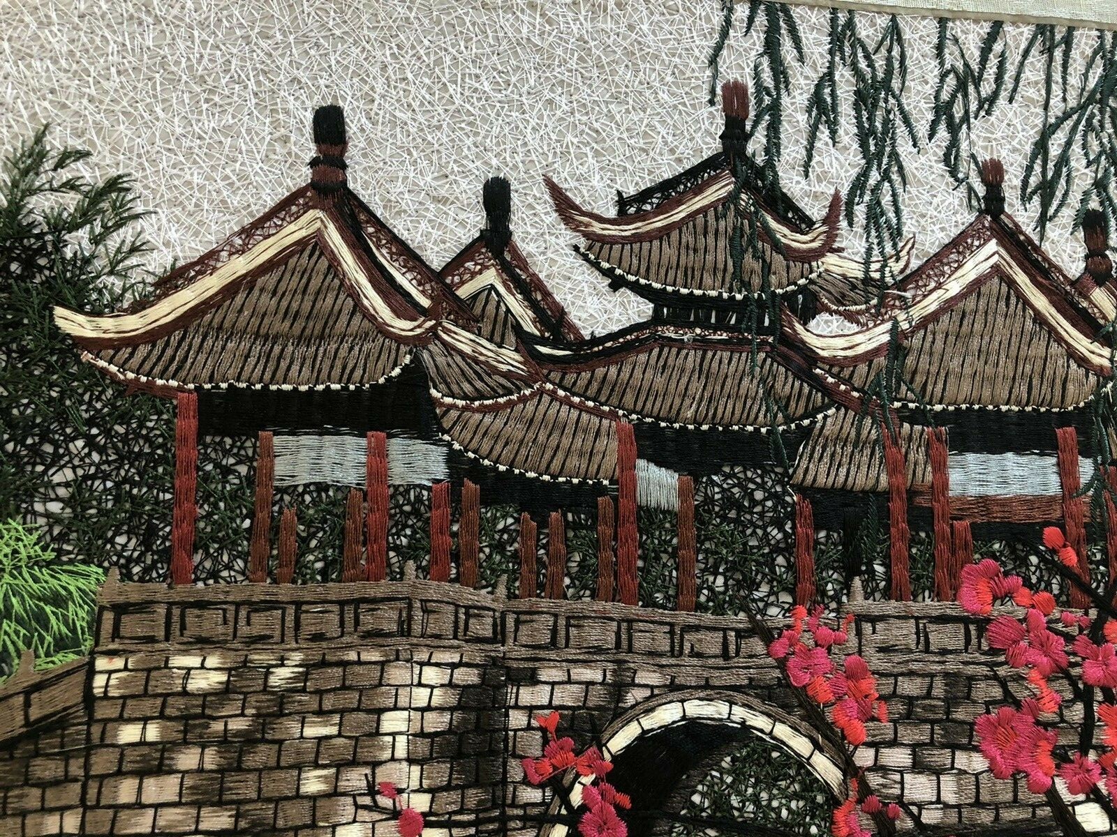 Asian Oriental Chinese Silk Hand Needlepoint Art With Silk Brokade Chinese NEW