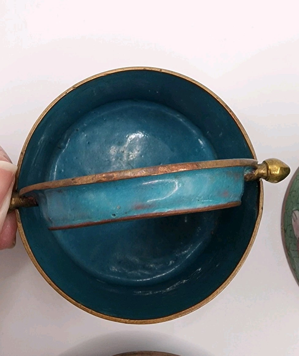 Vtg Green Chinese Lidded Cigarette Matches Ashtray Cloisonné Set Blue Enamel