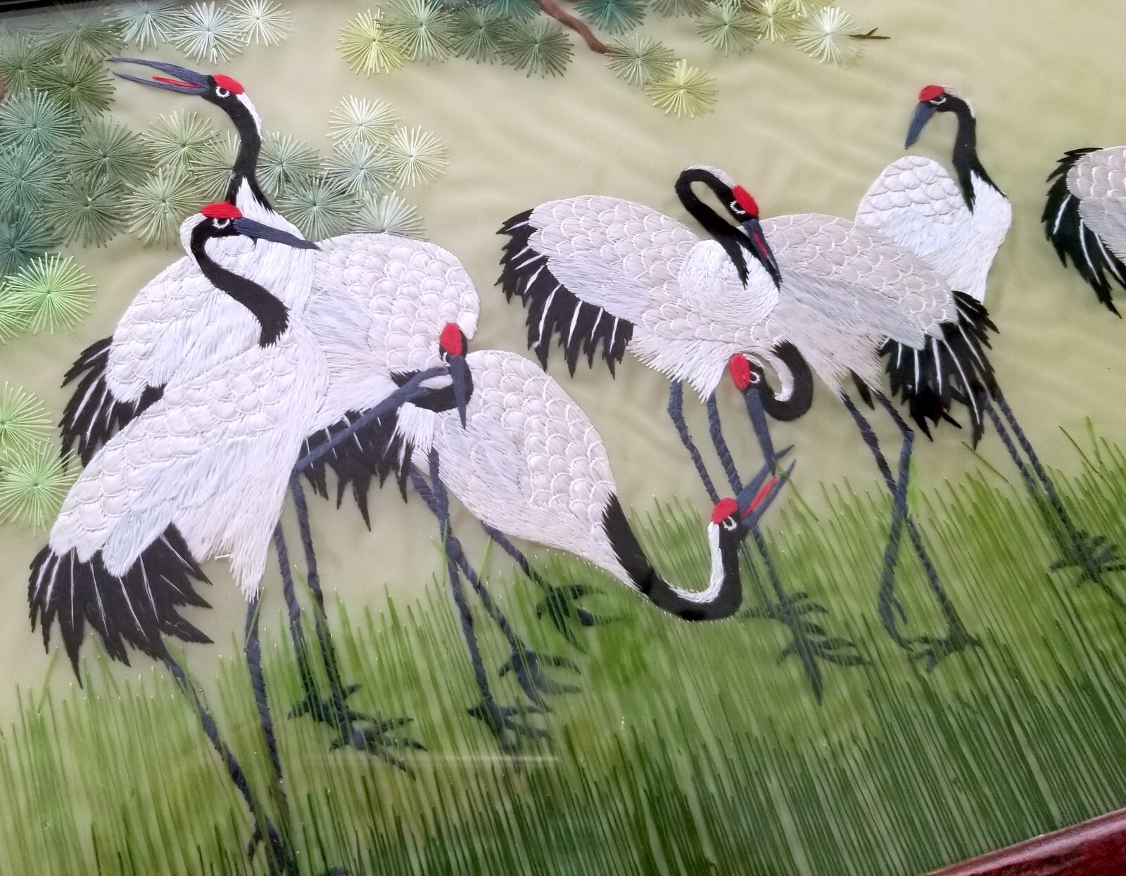 Vintage Chinese Su Silk Embroidery Double Sided Frmd 20.5″ Red Crowned Cranes