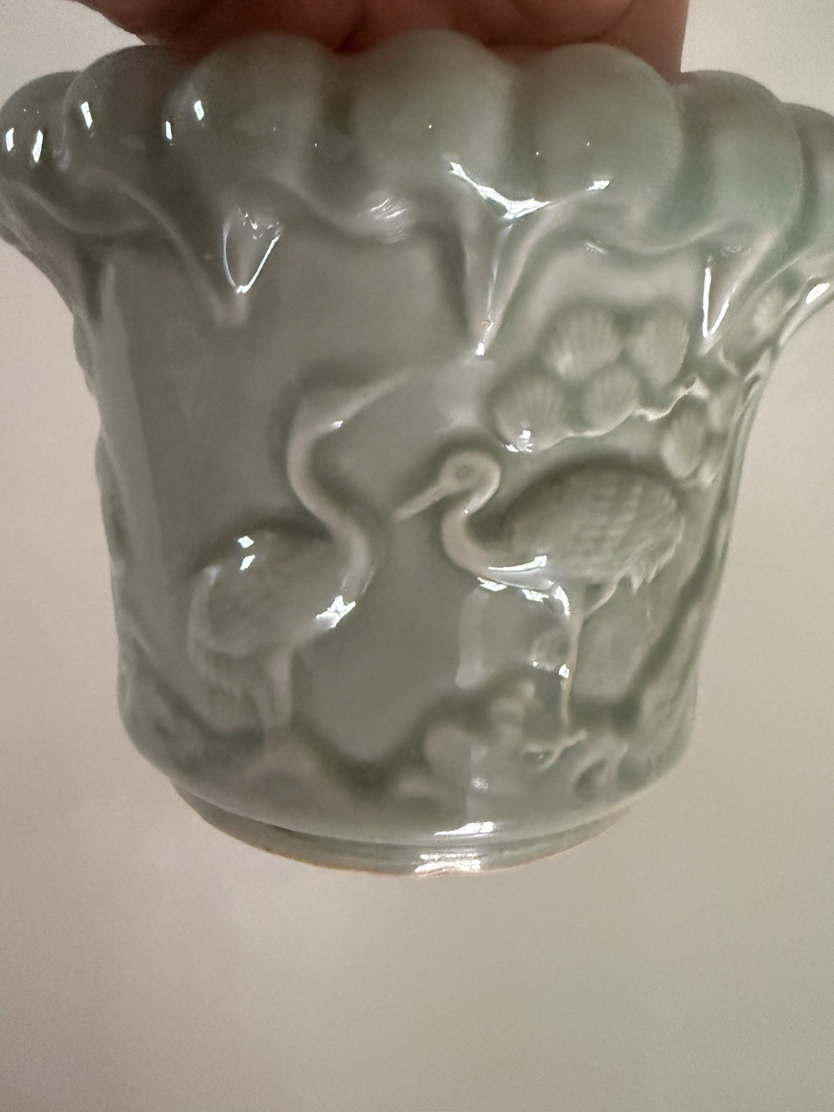 VTG Chinese Celadon Planter Pot With Scalloped Top And Tray Bonsai With Crane