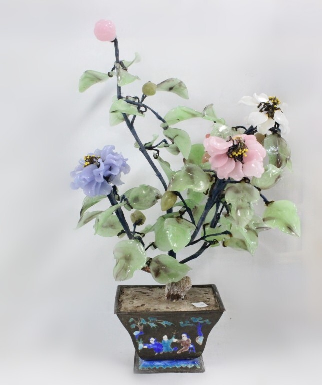 Chinese Liuli Bonsai Tree in Cloisonne Flower Pot