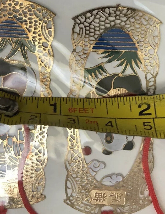 Oriental Asian Lot Of 4 Bookmarks W Panda Bears & Lucky Knot Wall Hanging VTG