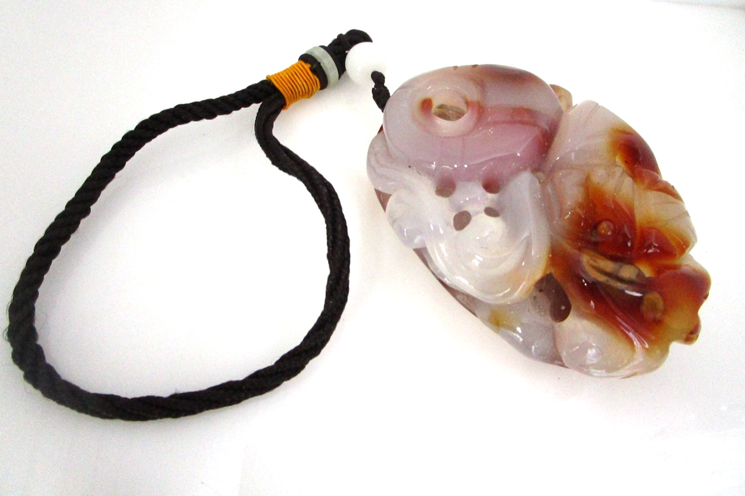 Gorgeous Carved Chinese Agate Lavender, White, Orange Amulet on Cord 3 1/2″