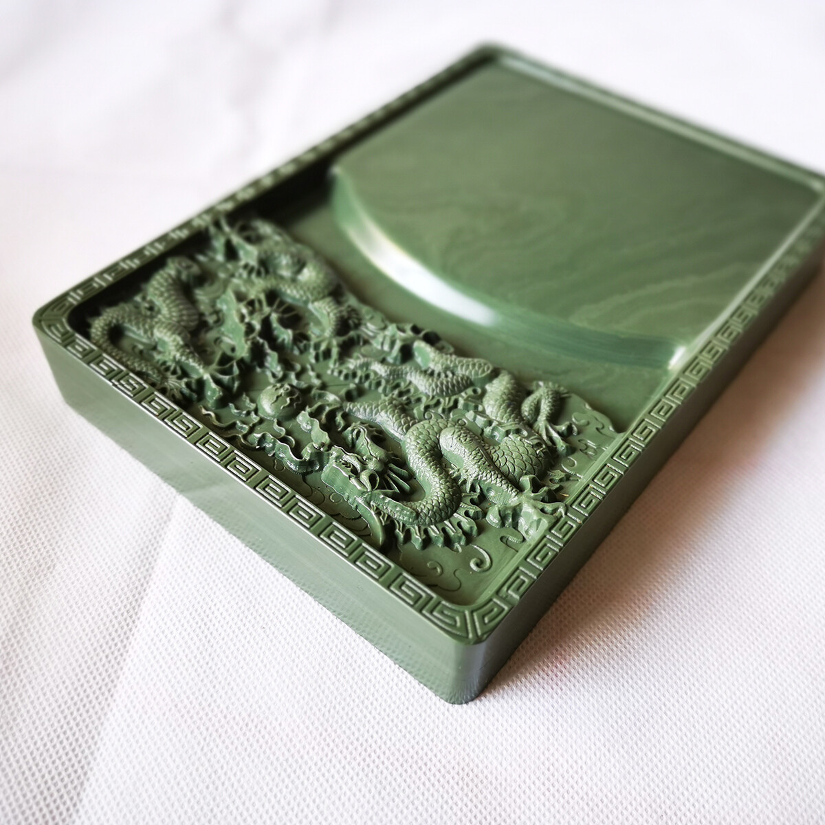 8″ China Natural Original Stone Hand-carved Two Dragon Playball Inkstone Inkslab