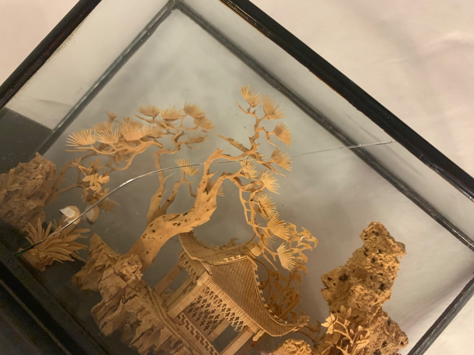 Vintage Asian Cork Diorama Art Pagoda Trees Hand Carved Glass Frame- See Details