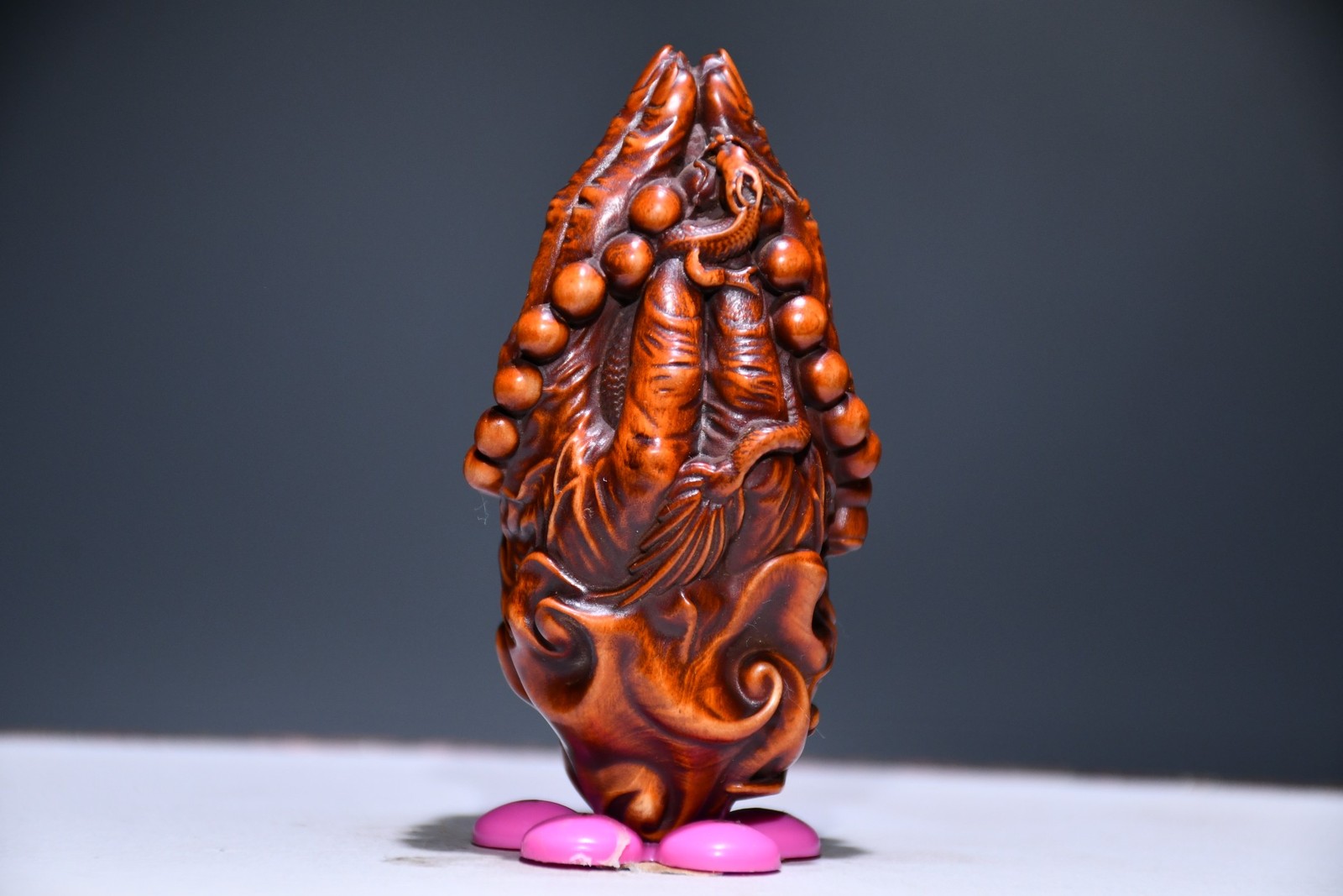 3.1″ Collect China Box-wood Carving Buddha’s-hand Prayer Beads Wish Statue