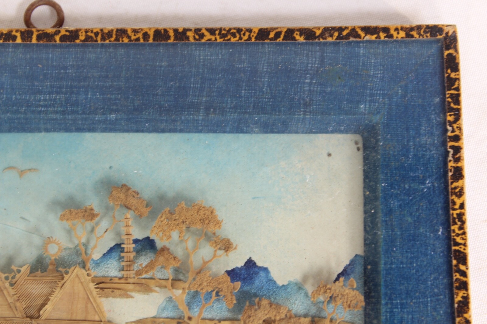 Antique Chinese Asian Miniature Wood Carving Village Scene Signed Stamp Framed