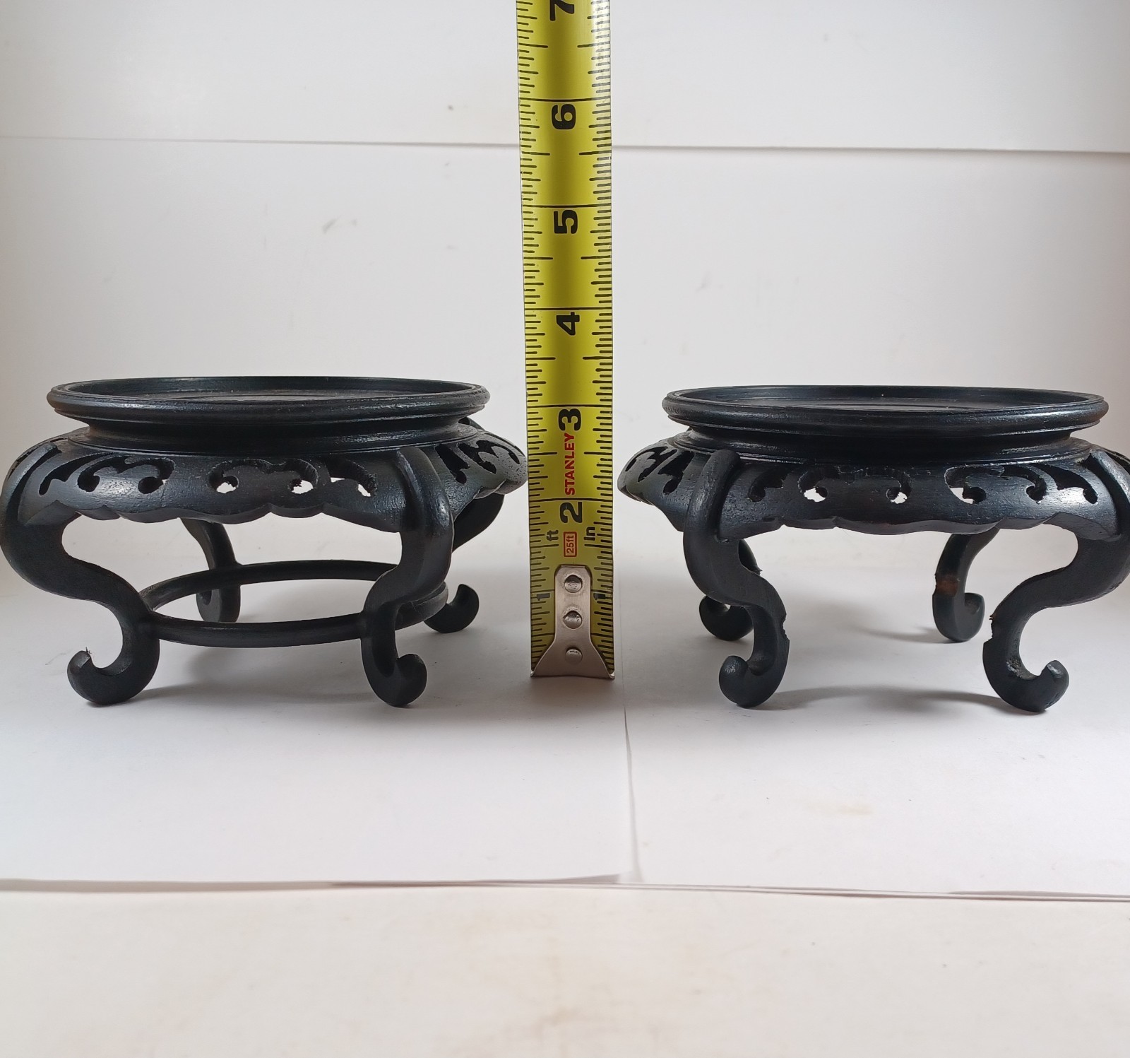 Vintage Chinese Carved Wood Vase Plant Stands, 4.25″ And 4.5″ Platforms