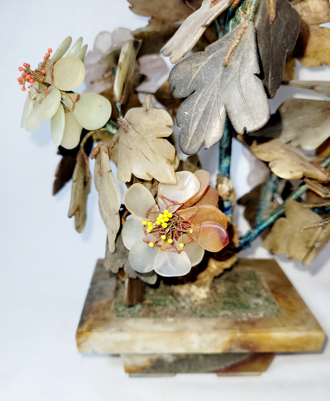 Vintage Chinese Jade/Rose Quartz/Carnelian Bonsai Tree With Brown Marble Base
