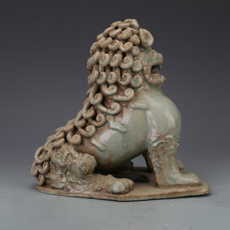 8.2″ Collect China Lavender Grey Glaze Porcelain Foo Fu Dog Guardion Lion Statue