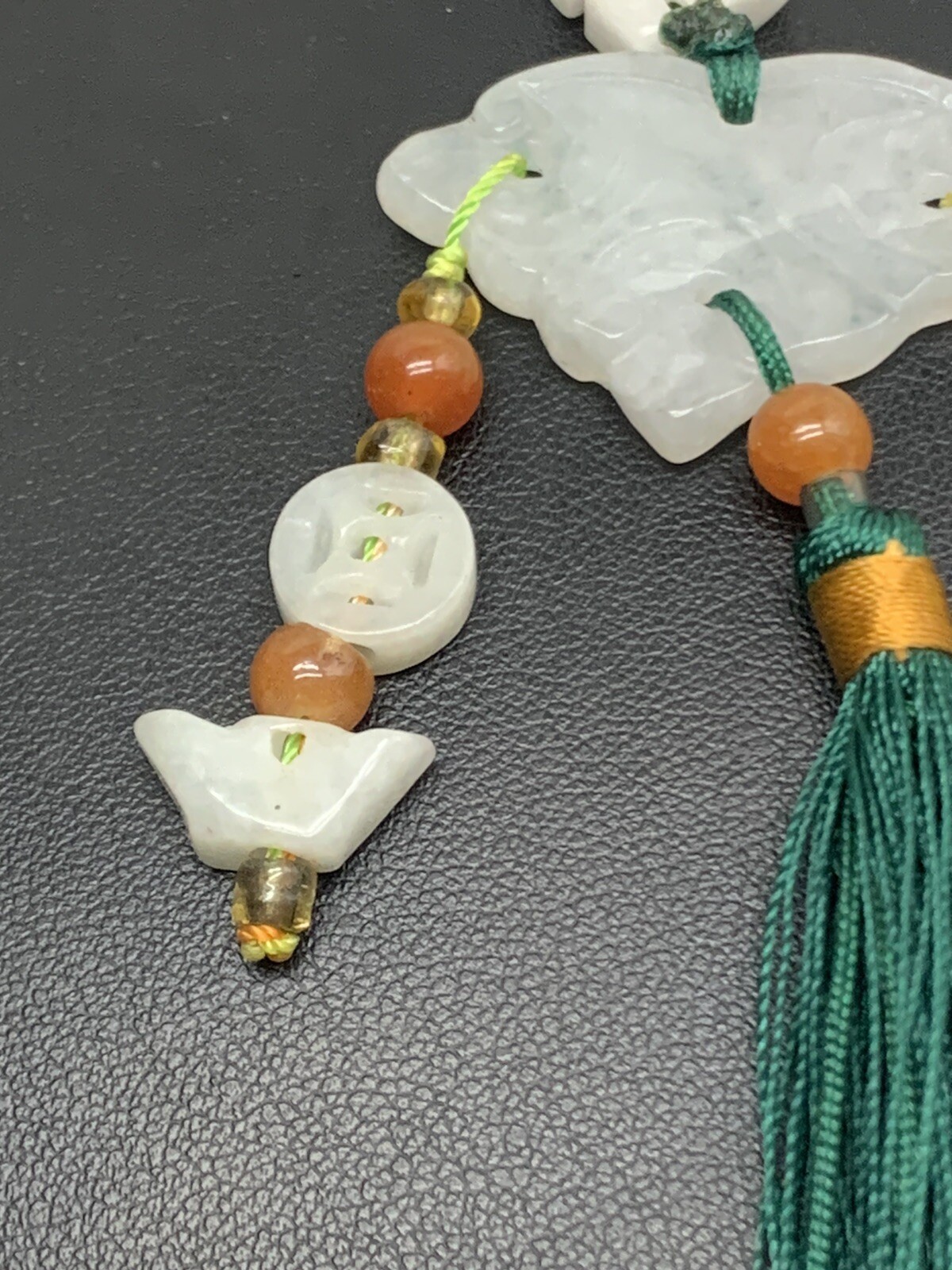 Vintage Chinese Natural Jade And Carnelian Beaded Lucky Charm Tassel Pendant M2