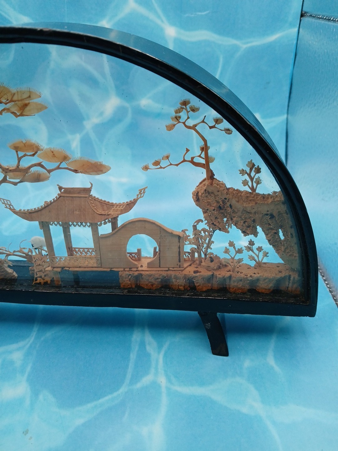 VTG Chinese Diorama Cork Carving Pagoda Trees Birds 10in x 6in Wood Glass Case