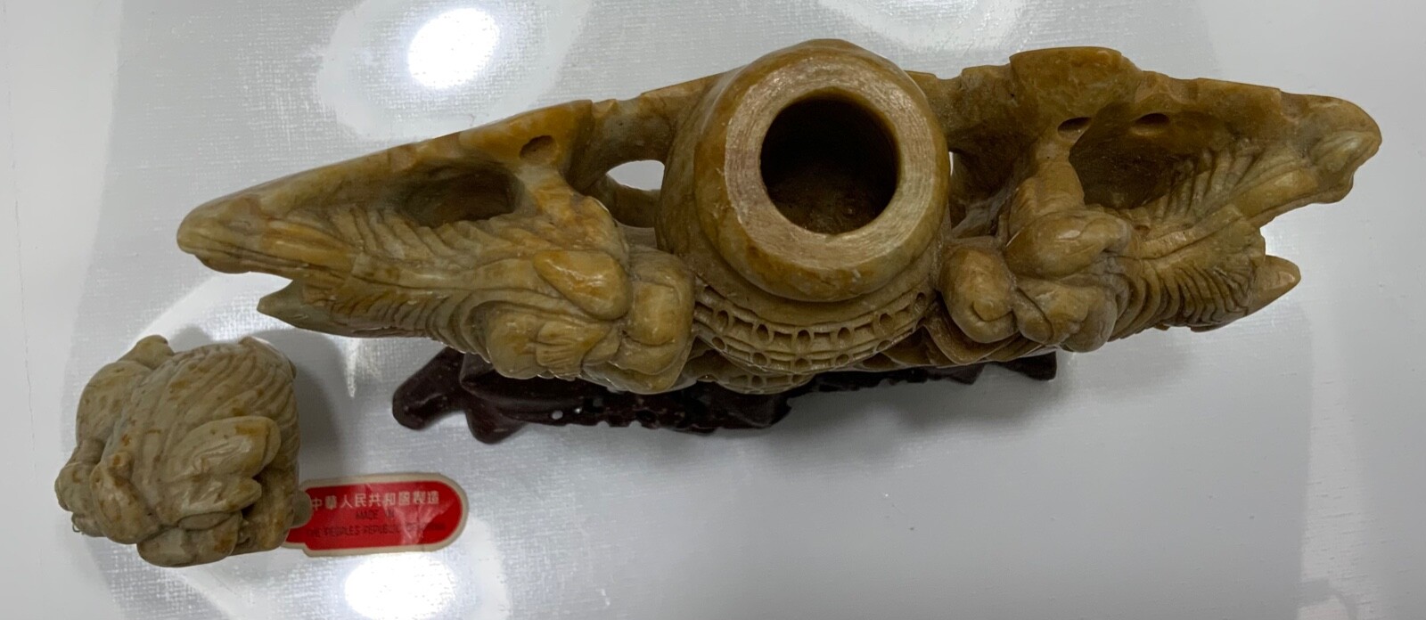 VINTAGE HAND CARVED SOAP STONE INCENSE BURNER FOO DOGS/LIONS