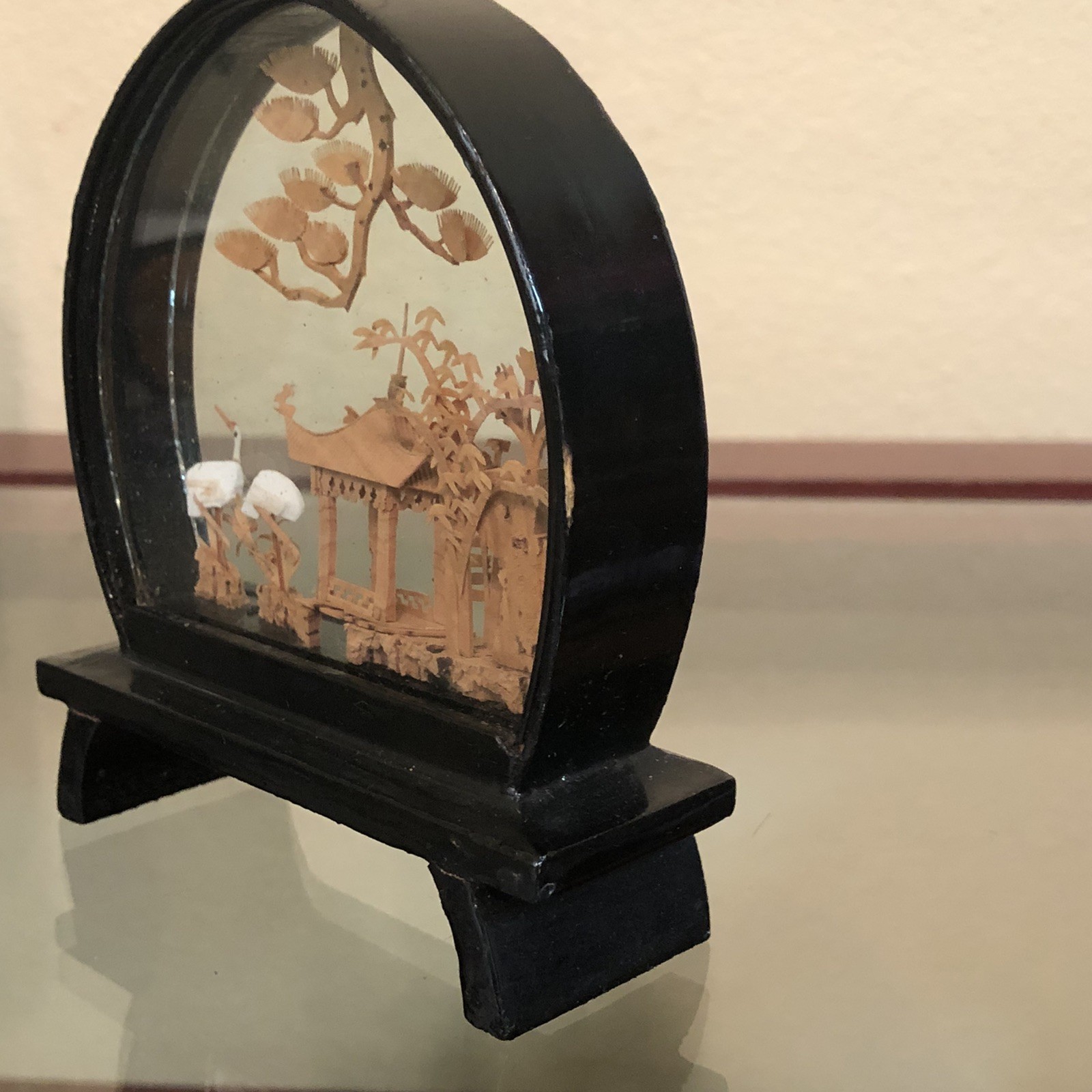Vintage Chinese Cork Carving Art Diorama Pagoda Trees Cranes 4.25″ H