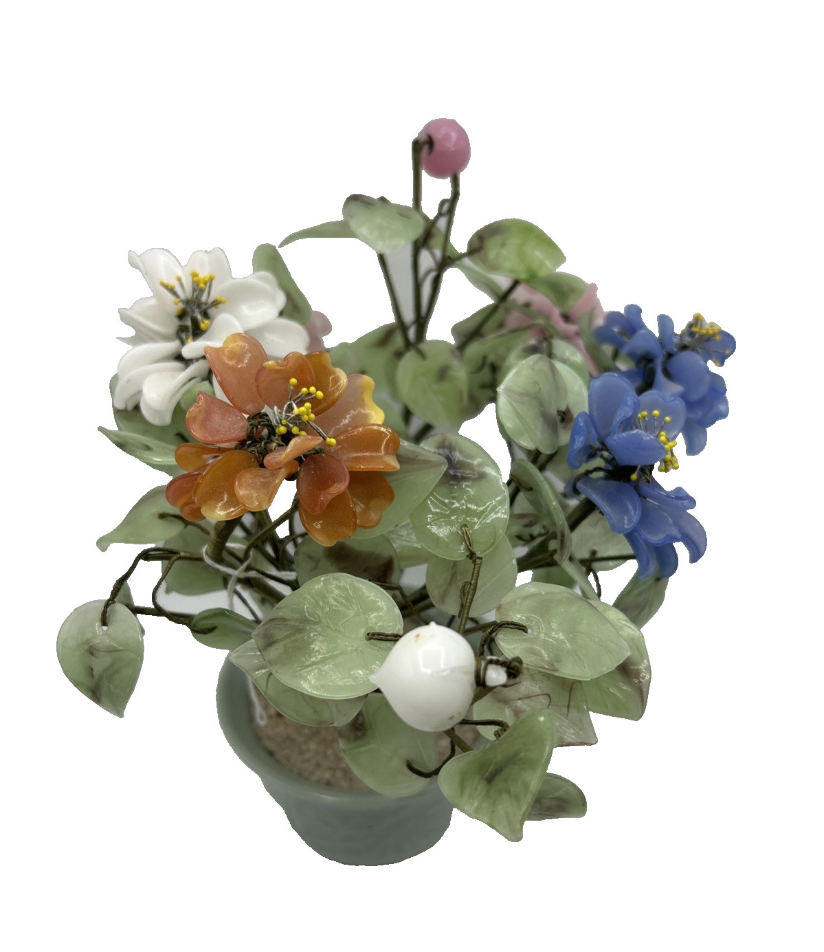 Chinese Jade Agate Glass Leaves Flowers Bonsai Tree 11″ 20th Century Vintage