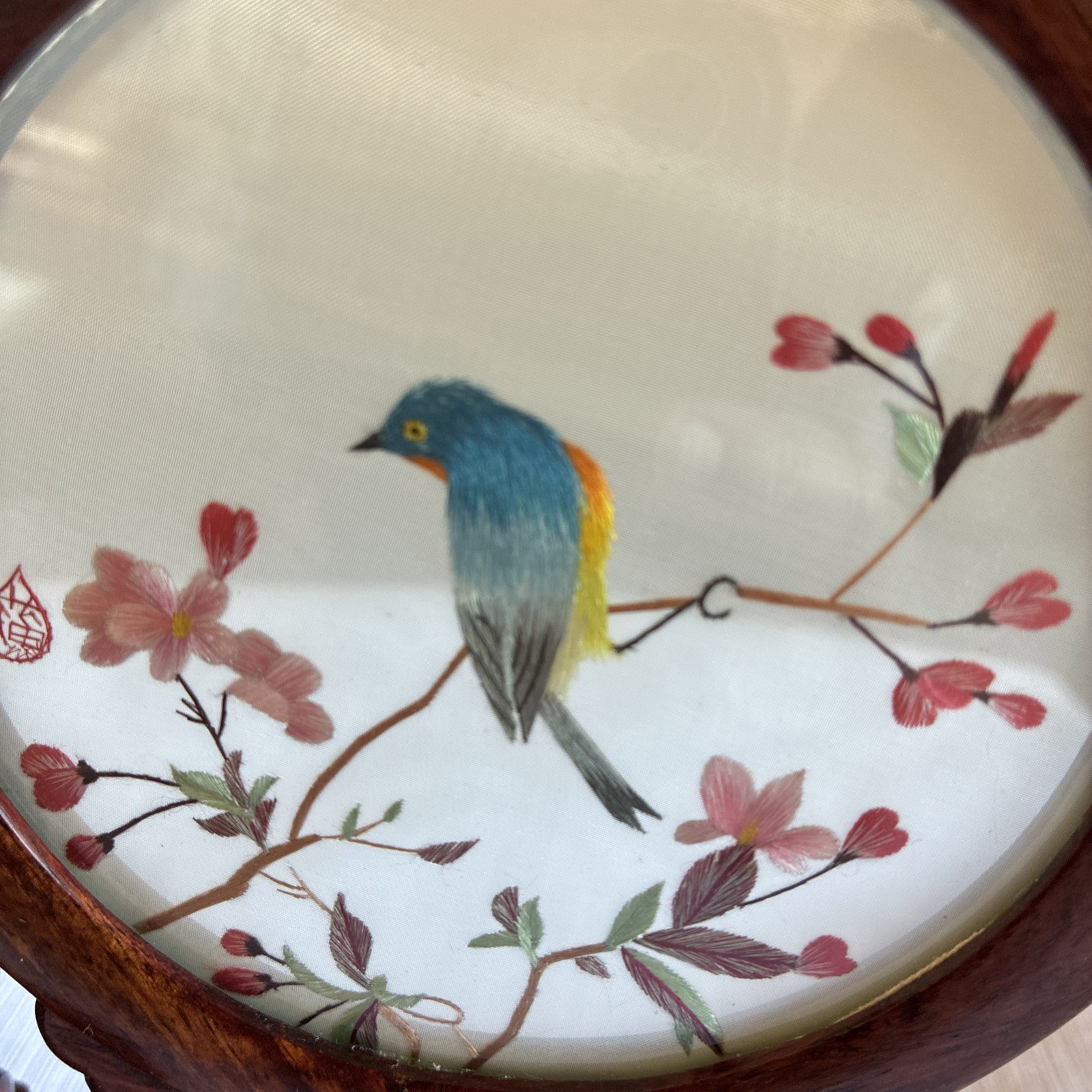 VNTG Chinese Silk Double Sided Embroidery Songbird Round Table Screen Wood/4.5”