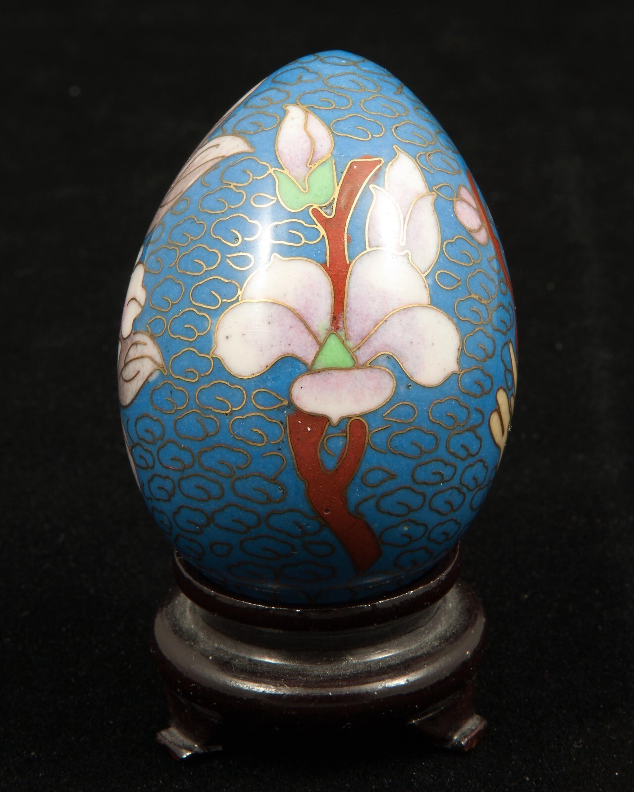VTG Chinese Floral on Blue Cloisonne Enamel Metal Egg 2-1/2″ Tall w/Stand