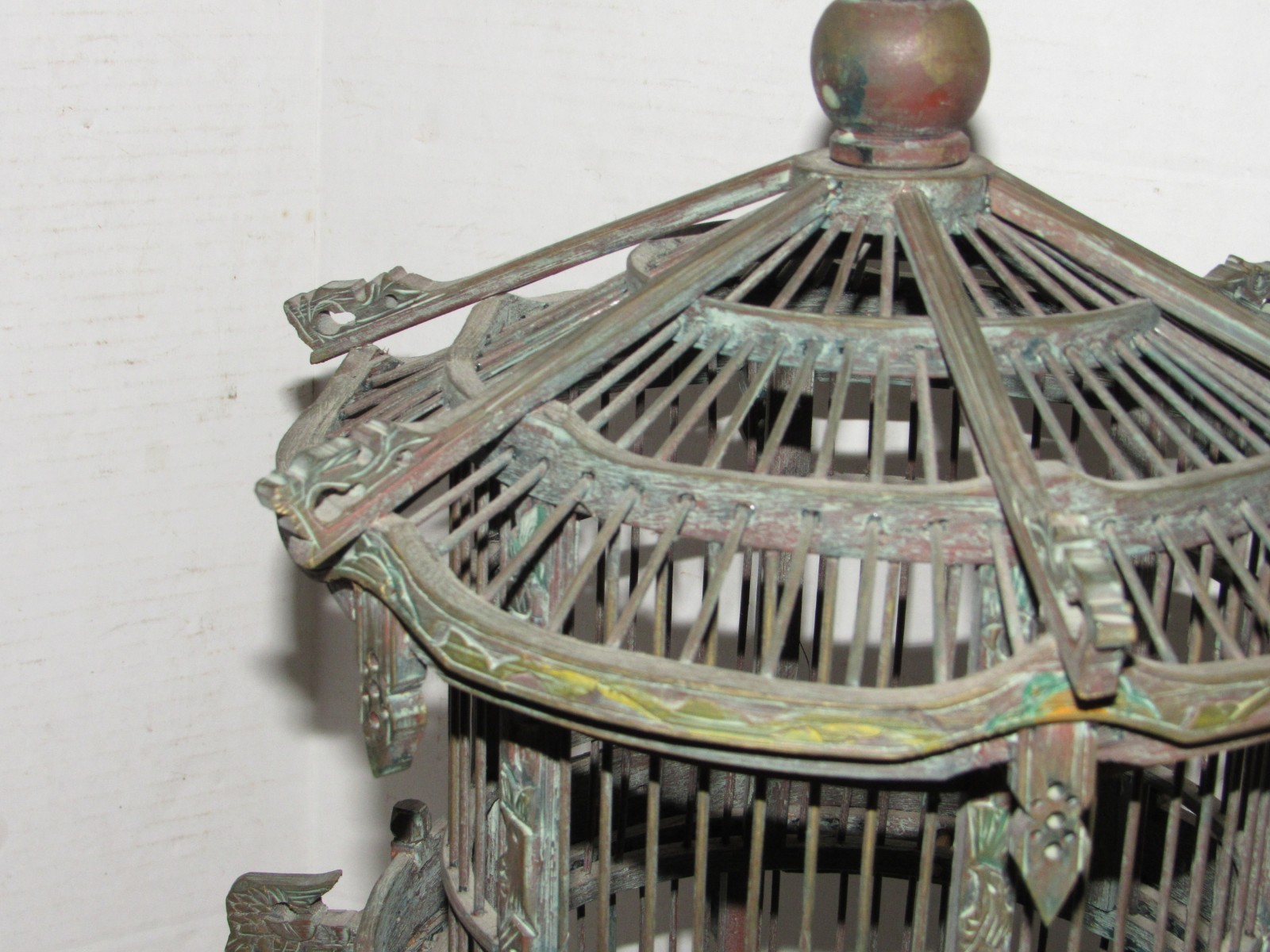 Vintage Chinese Wood Carved Pagoda Bird Cage, Oriental Geisha, Round