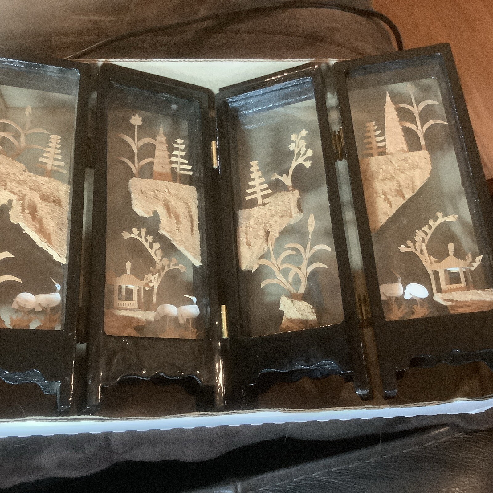 Chinese Asian Carved Cork Art Diorama Folding Glass Table Decor Black Frame VTG