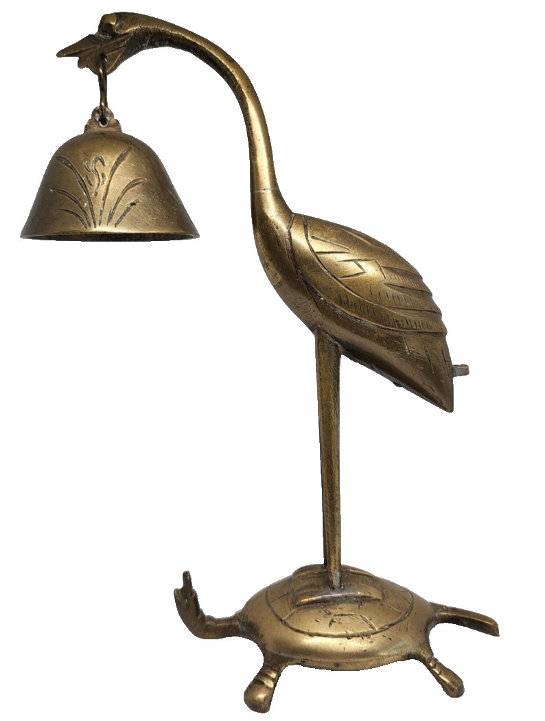 Vintage Brass Crane Bell on Turtle – Altar Desk Bell & Incense Holder China