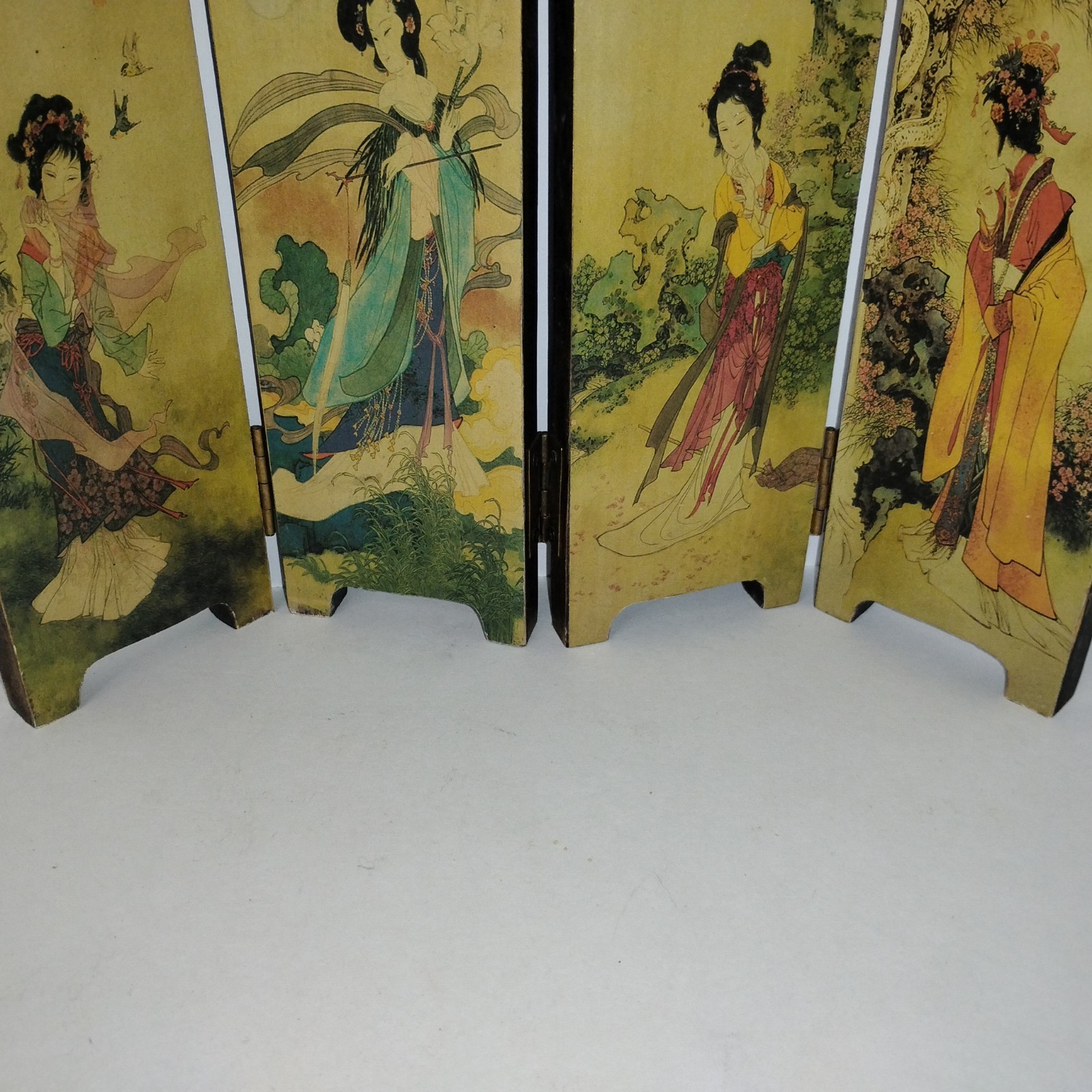 Vintage Chinese Folding Table Top Screen Handpainted 4 Panel 2 Sided Wooden