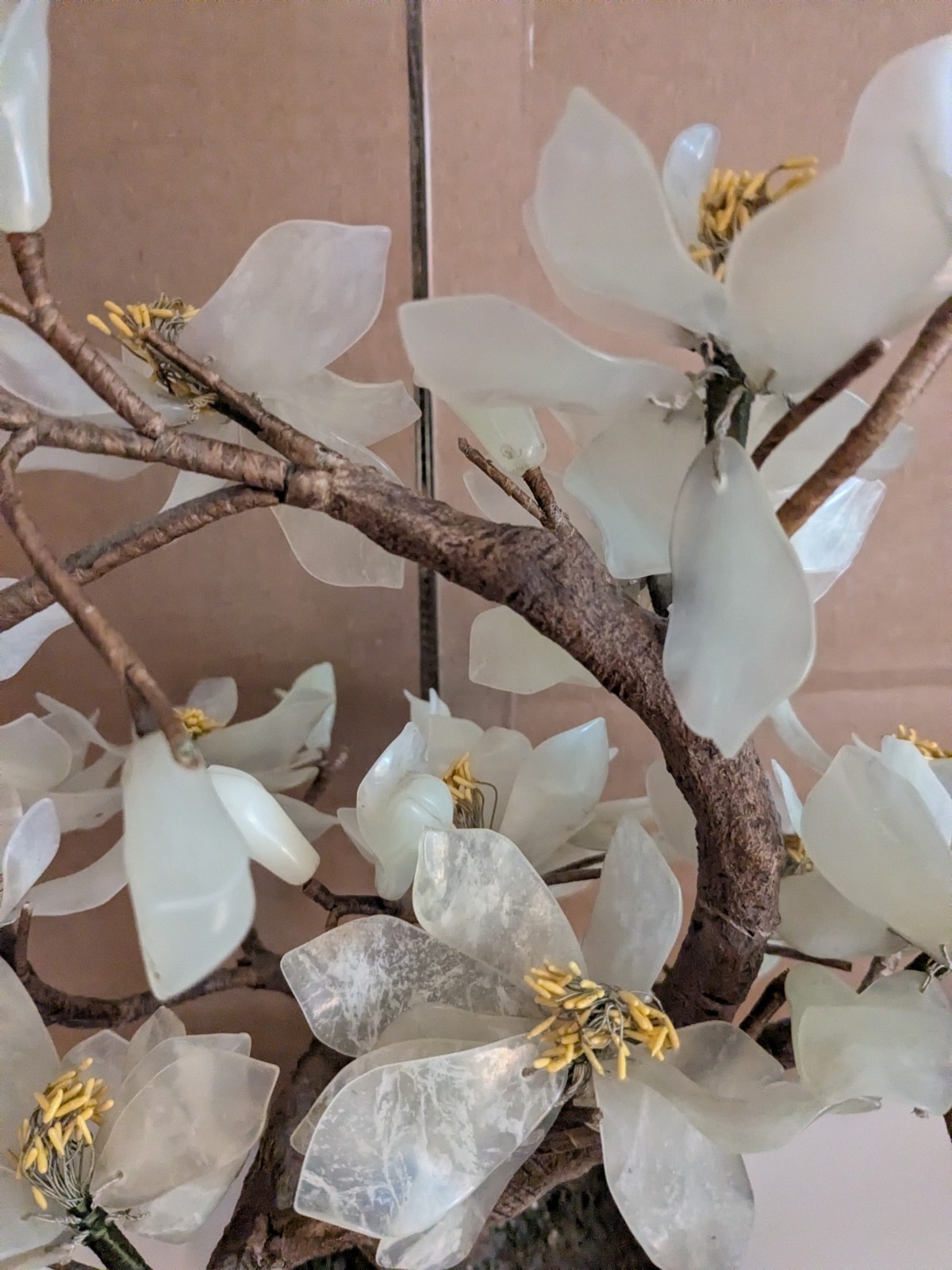 Vintage Chinese Asian Jade?Bonsai Tree White Blossom Cloisonne Floral Pot Stone