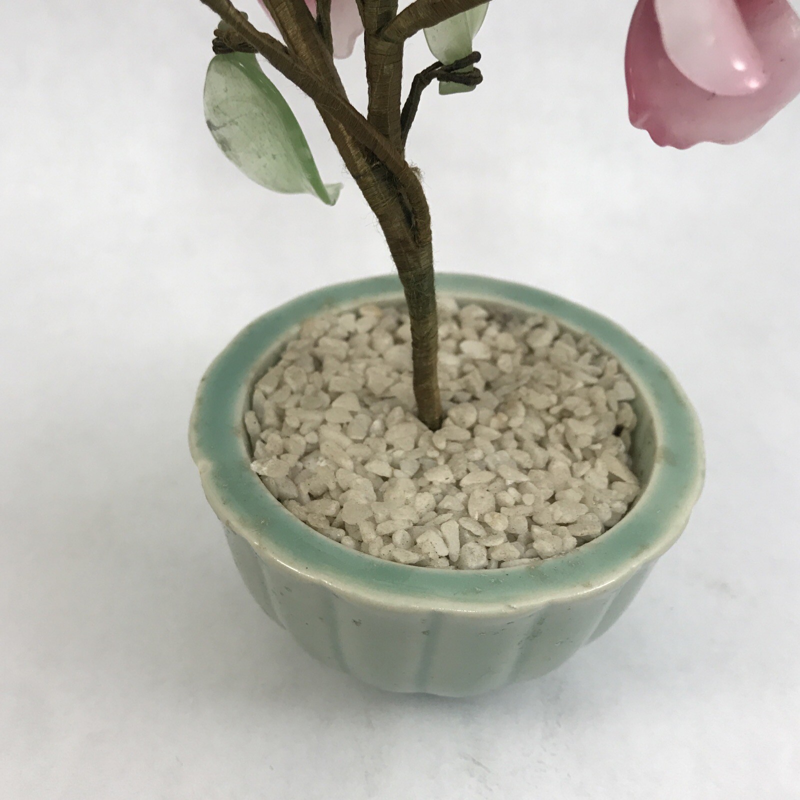 Pink Flower Decorative Asian Style Jade Glass Flowers Bonsai Plant Celadon Pot