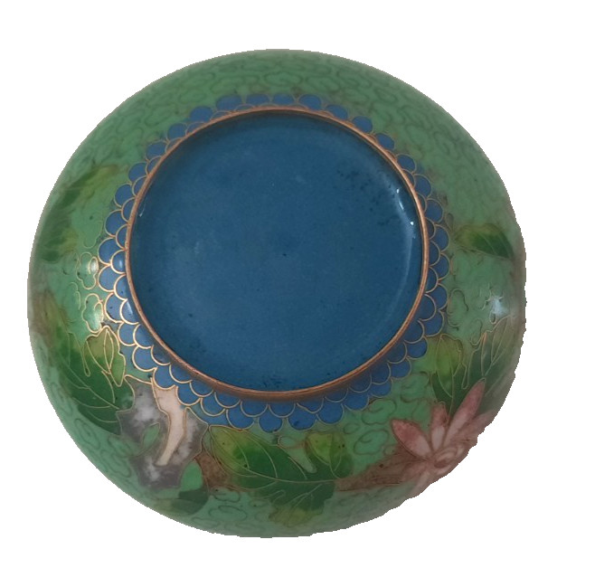 Vtg Chinese Asian Floral Cloisonné Enamel Brass Ashtray Green / Blue 3.25″ Round