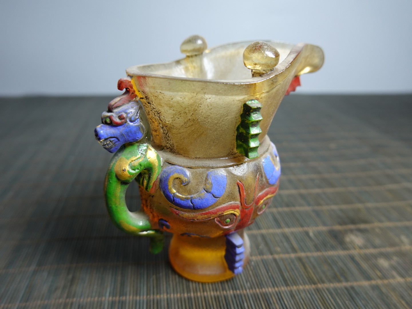 3.9″ Collect Old China Coloured Glaze Painted Beast Mask Taotie Design Jue Cup