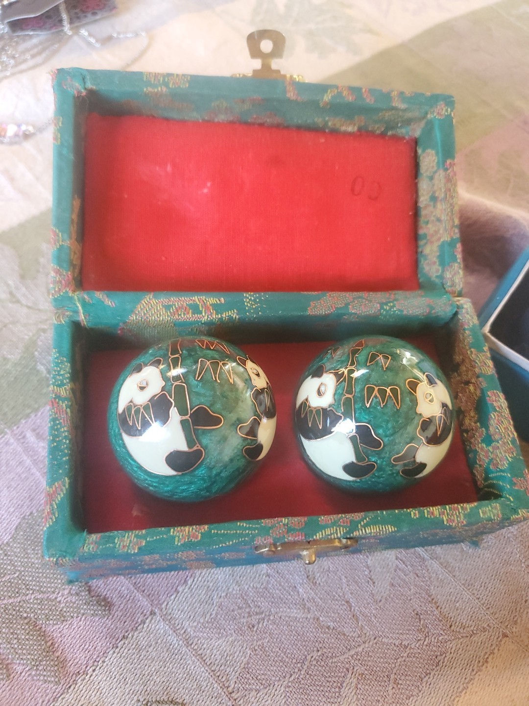Chinese Baoding Stress Relief Balls -Panda Design Original Brocade Box Lot Of 3