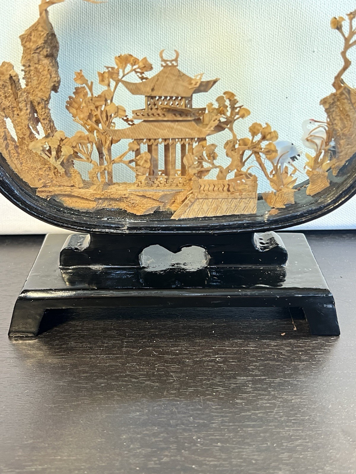VTG Chinese Hand Carved Cork Diorama Shadow Box Asian Art Pagoda Cranes Trees
