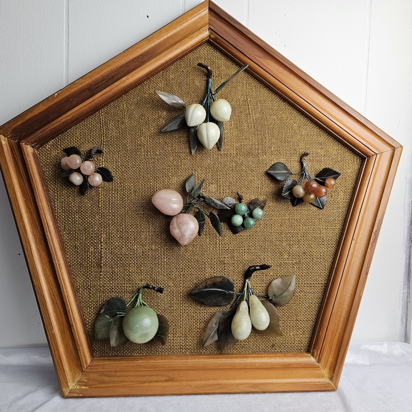 Vtg Chinese Jade Rose Quartz Carnelian Fruit Frame Cherry Pear Peach Wall Art