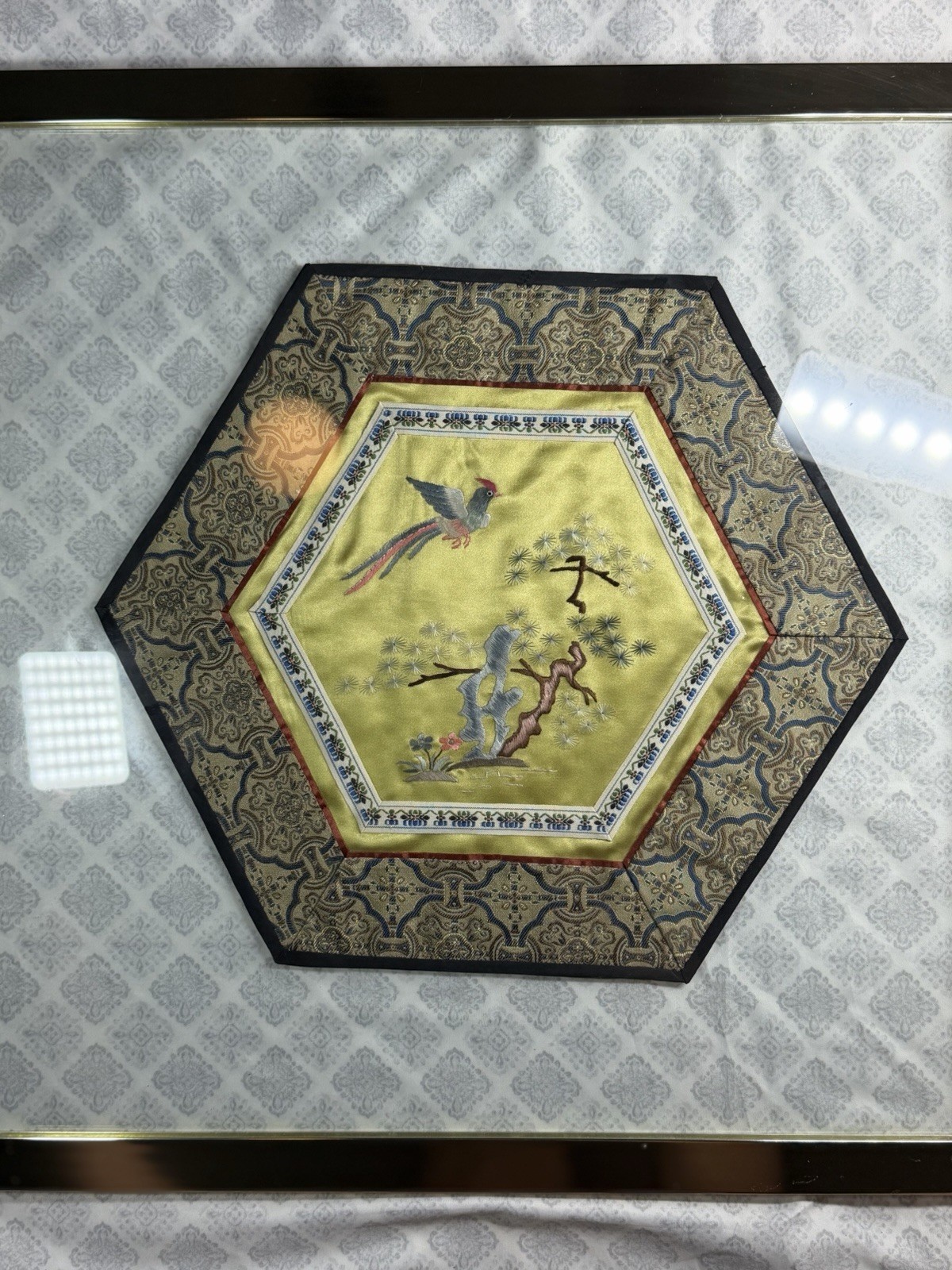 Vintage Dun Huang Beijing China Silk Embroidery Bird Framed Hexagon Wall Art